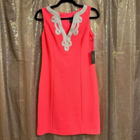 Vince Camuto Neon Pink Coral Gold Embroidered Summer Mini Dress Size 4 NWT - Picture 1 of 8